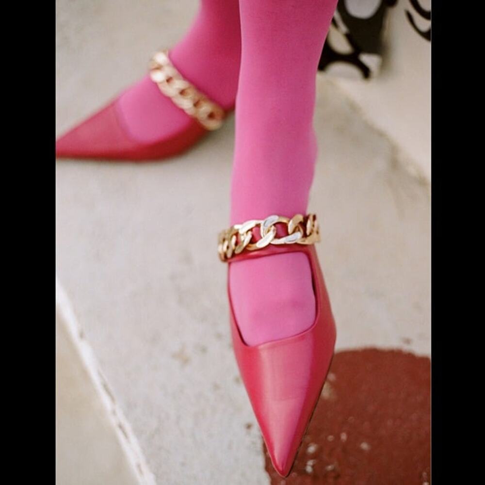 ZARA Pink Chain Strap Mule Heels NWT Pointed Toe Kitten Heel Pumps Size 8 - Picture 7 of 16
